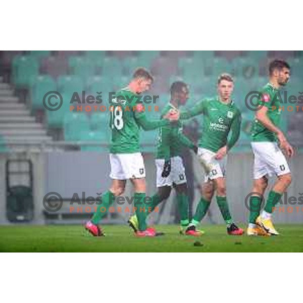 Andres Vombergar and Michael Pavlovic in action during Prva Liga Telekom Slovenije 2002-2021 football match between Olimpija and Aluminij in SRC Stozice, Ljubljana, Slovenia on November 26, 2020