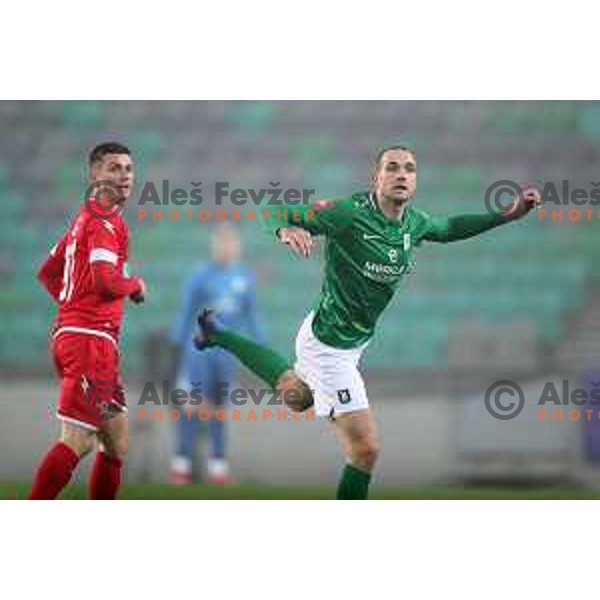 Mihael Klepac and Goran Milovic in action during Prva Liga Telekom Slovenije 2002-2021 football match between Olimpija and Aluminij in SRC Stozice, Ljubljana, Slovenia on November 26, 2020