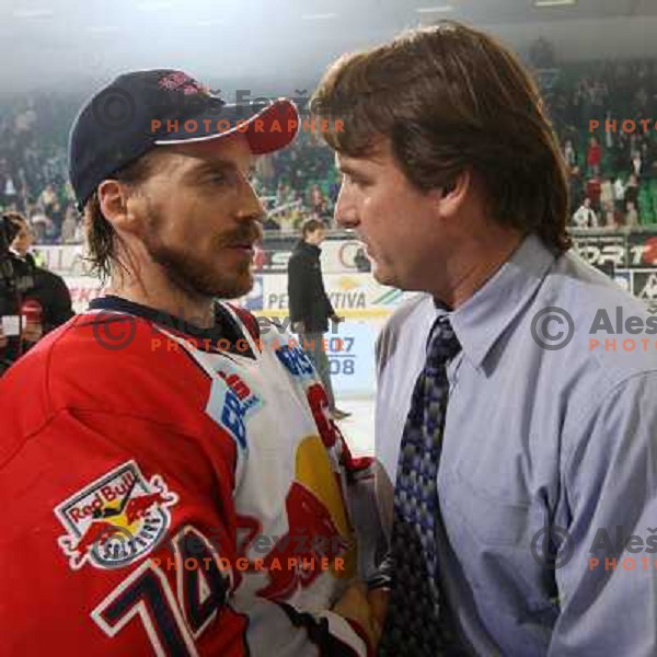 RBS captain Dieter Kalt and ZM Olimpija head coach Mike Posma after sixth game of the Final of EBEL league between ZM Olimpija and Red Bulls Salzburg, played in Ljubljana 25.3.2008. Red Bulls Salzburg won the game 3:2 and series 4:2 and became Champions 