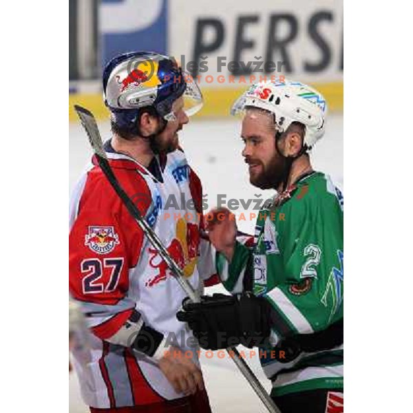 Royer (27) and Mitchell (2) after sixth game of the Final of EBEL league between ZM Olimpija and Red Bulls Salzburg, played in Ljubljana 25.3.2008. Red Bulls Salzburg won the game 3:2 and series 4:2 and became Champions of EBEL league. Photo by Ales Fevze