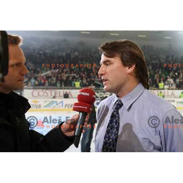 ZM Olimpija head coach Mike Posma talks to Premiere TV after sixth game of the Final of EBEL league between ZM Olimpija and Red Bulls Salzburg, played in Ljubljana 25.3.2008. Red Bulls Salzburg won the game 3:2 and series 4:2 and became Champions of EBEL 