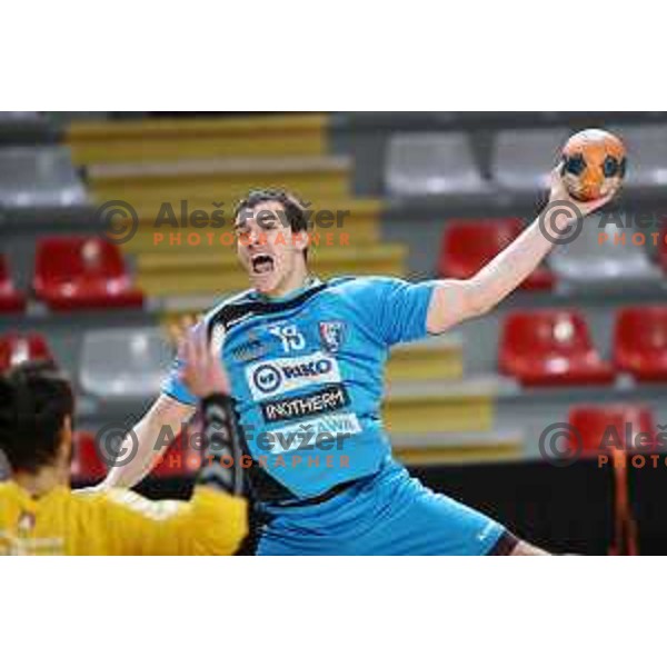 Stefan Ranisavljevic in action during 1.NLB league handball match between MRK Ljubljana and Riko Ribnica in Kodeljevo Hall, Ljubljana, Slovenia on November 28, 2020