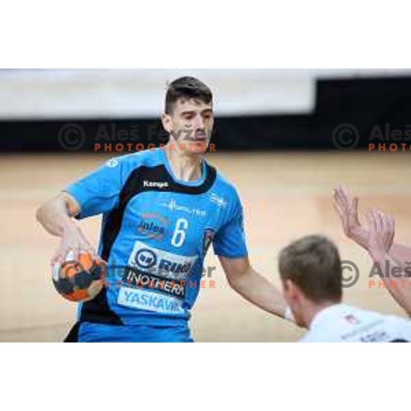 Gasper Horvat in action during 1.NLB league handball match between MRK Ljubljana and Riko Ribnica in Kodeljevo Hall, Ljubljana, Slovenia on November 28, 2020