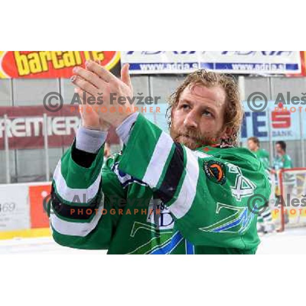 Tomaz Vnuk and ZM Olimpija players after sixth game of the Final of EBEL league between ZM Olimpija and Red Bulls Salzburg, played in Ljubljana 25.3.2008. Red Bulls Salzburg won the game 3:2 and series 4:2 and became Champions of EBEL league. Photo by Ale