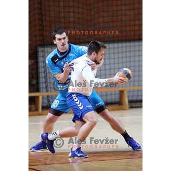 Stefan Ranisavljevic and Miha Kolmanic in action during 1.NLB league handball match between MRK Ljubljana and Riko Ribnica in Kodeljevo Hall, Ljubljana, Slovenia on November 28, 2020