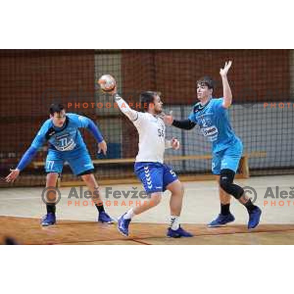 Rok Setnikar (77), Miha Kolmanic and Brin Cimerman in action during 1.NLB league handball match between MRK Ljubljana and Riko Ribnica in Kodeljevo Hall, Ljubljana, Slovenia on November 28, 2020