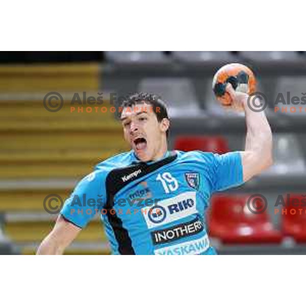 Stefan Ranisavljevic in action during 1.NLB league handball match between MRK Ljubljana and Riko Ribnica in Kodeljevo Hall, Ljubljana, Slovenia on November 28, 2020