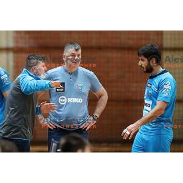 Damjan Skaper, Gregor Cvijic, head coach of Riko Ribnica and Kristian Eskericic during 1.NLB league handball match between MRK Ljubljana and Riko Ribnica in Kodeljevo Hall, Ljubljana, Slovenia on November 28, 2020