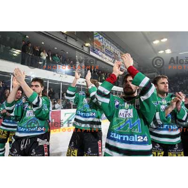 ZM Olimpija players after sixth game of the Final of EBEL league between ZM Olimpija and Red Bulls Salzburg, played in Ljubljana 25.3.2008. Red Bulls Salzburg won the game 3:2 and series 4:2 and became Champions of EBEL league. Photo by Ales Fevzer 