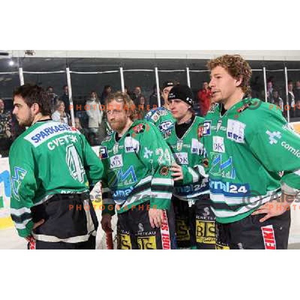 ZM Olimpija players Cvetek, Vnuk, Avgustincic and Muric after sixth game of the Final of EBEL league between ZM Olimpija and Red Bulls Salzburg, played in Ljubljana 25.3.2008. Red Bulls Salzburg won the game 3:2 and series 4:2 and became Champions of EBEL