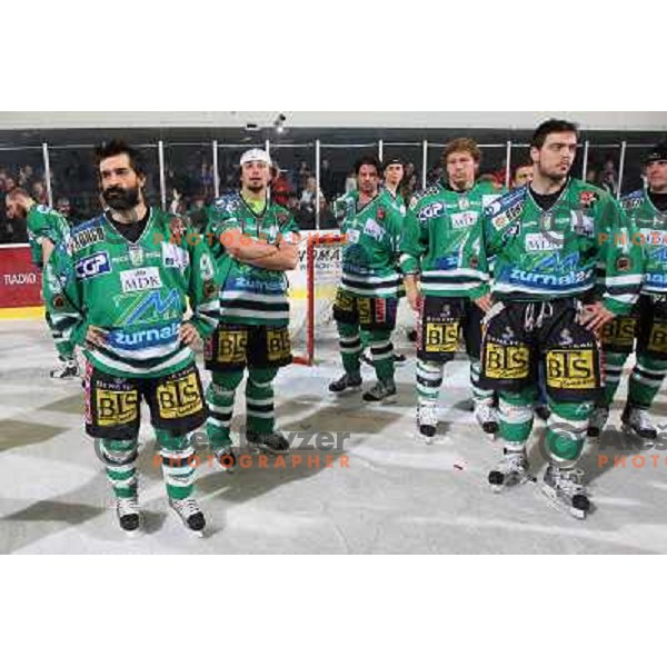 ZM Olimpija players after sixth game of the Final of EBEL league between ZM Olimpija and Red Bulls Salzburg, played in Ljubljana 25.3.2008. Red Bulls Salzburg won the game 3:2 and series 4:2 and became Champions of EBEL league. Photo by Ales Fevzer 