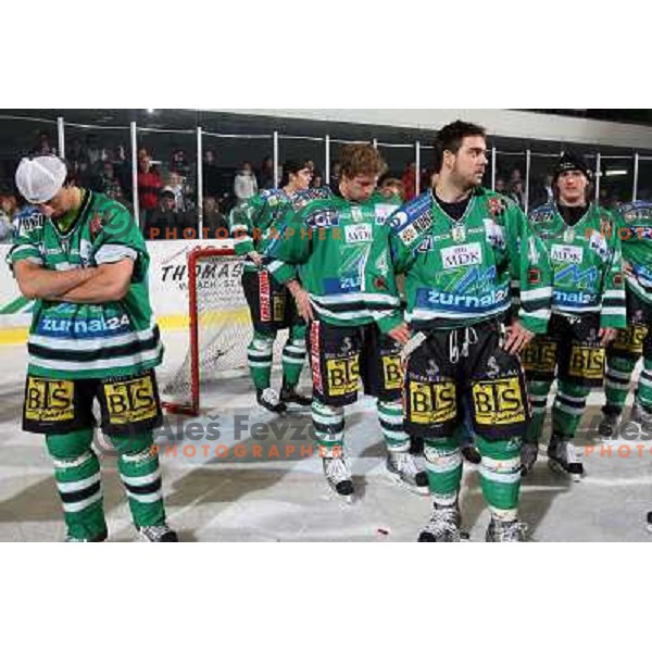 ZM Olimpija players after sixth game of the Final of EBEL league between ZM Olimpija and Red Bulls Salzburg, played in Ljubljana 25.3.2008. Red Bulls Salzburg won the game 3:2 and series 4:2 and became Champions of EBEL league. Photo by Ales Fevzer 