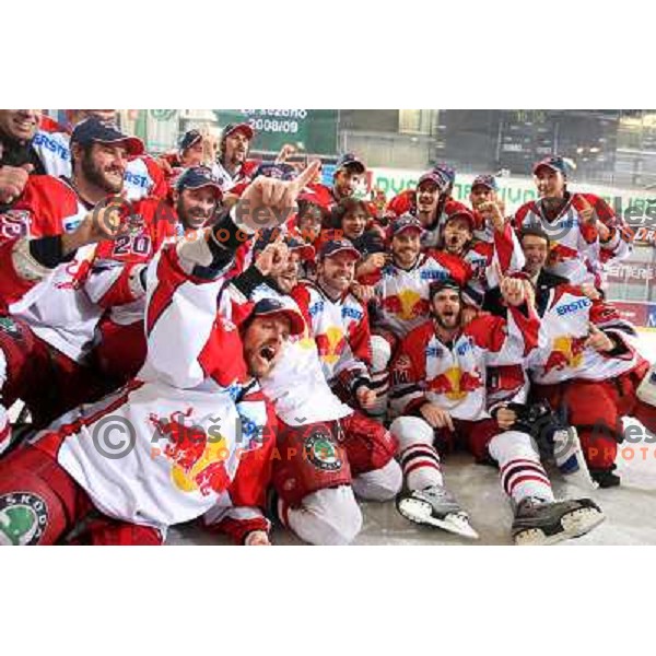 Red Bulls Salzburg players celebrate victory in sixth game of the Final of EBEL league between ZM Olimpija and Red Bulls Salzburg, played in Ljubljana 25.3.2008. Red Bulls Salzburg won the game 3:2 and series 4:2 and became Champions of EBEL league. Photo