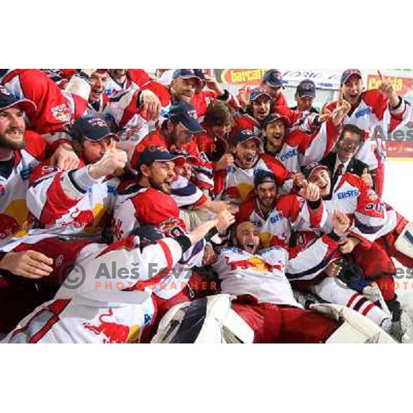 Red Bulls Salzburg players celebrate victory in sixth game of the Final of EBEL league between ZM Olimpija and Red Bulls Salzburg, played in Ljubljana 25.3.2008. Red Bulls Salzburg won the game 3:2 and series 4:2 and became Champions of EBEL league. Photo