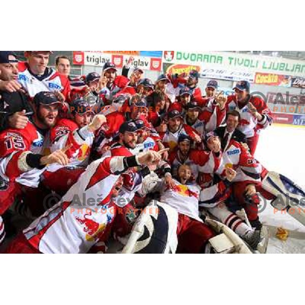 Red Bulls Salzburg players celebrate victory in sixth game of the Final of EBEL league between ZM Olimpija and Red Bulls Salzburg, played in Ljubljana 25.3.2008. Red Bulls Salzburg won the game 3:2 and series 4:2 and became Champions of EBEL league. Photo