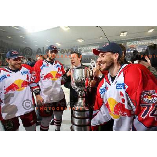 Red Bulls Salzburg players celebrate victory in sixth game of the Final of EBEL league between ZM Olimpija and Red Bulls Salzburg, played in Ljubljana 25.3.2008. Red Bulls Salzburg won the game 3:2 and series 4:2 and became Champions of EBEL league. Photo