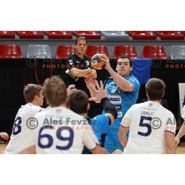 Stefan Ranisavljevic in action during 1.NLB league handball match between MRK Ljubljana and Riko Ribnica in Kodeljevo Hall, Ljubljana, Slovenia on November 28, 2020