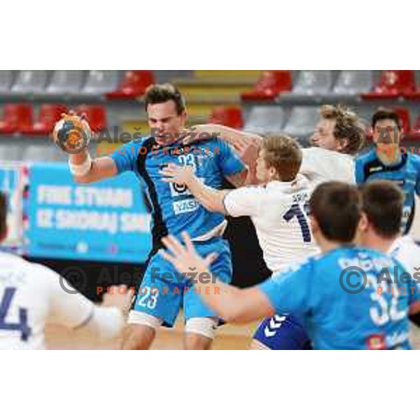 Uros Milicevic and Miha Tomsic in action during 1.NLB league handball match between MRK Ljubljana and Riko Ribnica in Kodeljevo Hall, Ljubljana, Slovenia on November 28, 2020