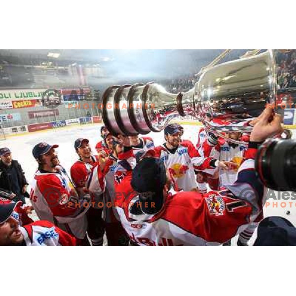 Red Bulls Salzburg players celebrate victory in sixth game of the Final of EBEL league between ZM Olimpija and Red Bulls Salzburg, played in Ljubljana 25.3.2008. Red Bulls Salzburg won the game 3:2 and series 4:2 and became Champions of EBEL league. Photo