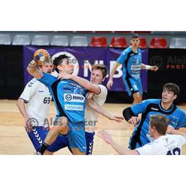 Tilen Strmljan and Matej Arih in action during 1.NLB league handball match between MRK Ljubljana and Riko Ribnica in Kodeljevo Hall, Ljubljana, Slovenia on November 28, 2020