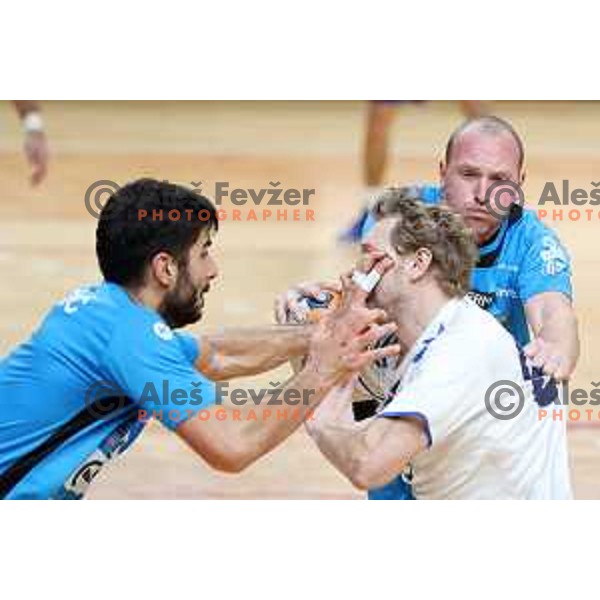 Kristian Eskericic, Miha Tomsic and Mitja Nosan in action during 1.NLB league handball match between MRK Ljubljana and Riko Ribnica in Kodeljevo Hall, Ljubljana, Slovenia on November 28, 2020
