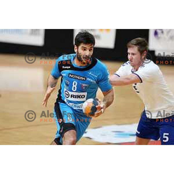 Kristian Eskericic and Matevz Jaklic in action during 1.NLB league handball match between MRK Ljubljana and Riko Ribnica in Kodeljevo Hall, Ljubljana, Slovenia on November 28, 2020