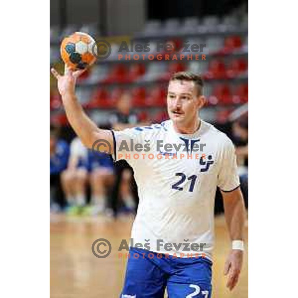 Ziga Stopar in action during 1.NLB league handball match between MRK Ljubljana and Riko Ribnica in Kodeljevo Hall, Ljubljana, Slovenia on November 28, 2020
