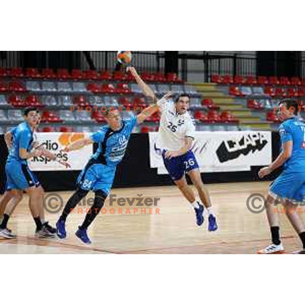 Jan Pucelj and Jaka Zabjek in action during 1.NLB league handball match between MRK Ljubljana and Riko Ribnica in Kodeljevo Hall, Ljubljana, Slovenia on November 28, 2020