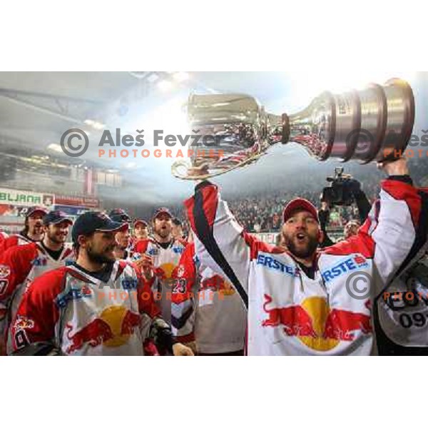 Divis and Red Bulls Salzburg players celebrate victory in sixth game of the Final of EBEL league between ZM Olimpija and Red Bulls Salzburg, played in Ljubljana 25.3.2008. Red Bulls Salzburg won the game 3:2 and series 4:2 and became Champions of EBEL lea