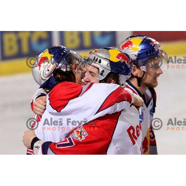 Red Bulls Salzburg players celebrate victory in sixth game of the Final of EBEL league between ZM Olimpija and Red Bulls Salzburg, played in Ljubljana 25.3.2008. Red Bulls Salzburg won the game 3:2 and series 4:2 and became Champions of EBEL league. Photo