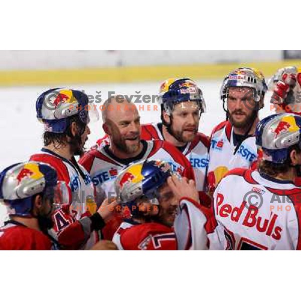 Red Bulls Salzburg players celebrate victory in sixth game of the Final of EBEL league between ZM Olimpija and Red Bulls Salzburg, played in Ljubljana 25.3.2008. Red Bulls Salzburg won the game 3:2 and series 4:2 and became Champions of EBEL league. Photo