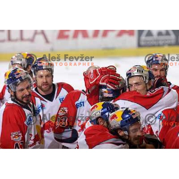 Red Bulls Salzburg players celebrate victory in sixth game of the Final of EBEL league between ZM Olimpija and Red Bulls Salzburg, played in Ljubljana 25.3.2008. Red Bulls Salzburg won the game 3:2 and series 4:2 and became Champions of EBEL league. Photo