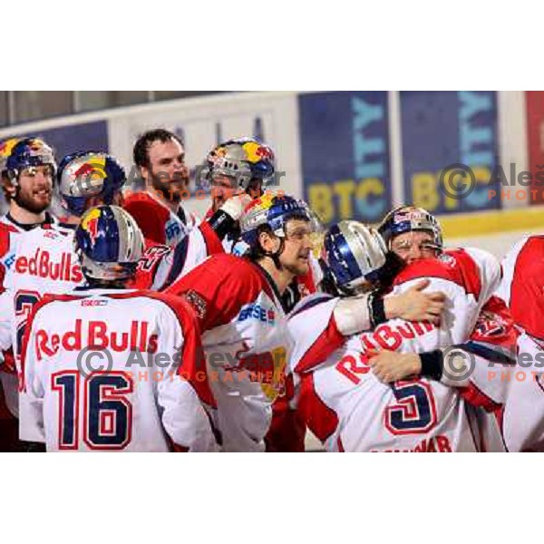 Red Bulls Salzburg players celebrate victory in sixth game of the Final of EBEL league between ZM Olimpija and Red Bulls Salzburg, played in Ljubljana 25.3.2008. Red Bulls Salzburg won the game 3:2 and series 4:2 and became Champions of EBEL league. Photo