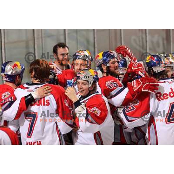 Red Bulls Salzburg players celebrate victory in sixth game of the Final of EBEL league between ZM Olimpija and Red Bulls Salzburg, played in Ljubljana 25.3.2008. Red Bulls Salzburg won the game 3:2 and series 4:2 and became Champions of EBEL league. Photo