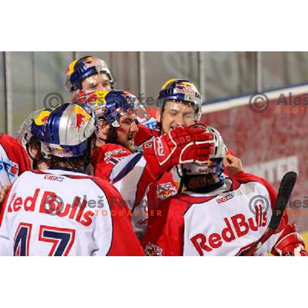Red Bulls Salzburg players celebrate victory in sixth game of the Final of EBEL league between ZM Olimpija and Red Bulls Salzburg, played in Ljubljana 25.3.2008. Red Bulls Salzburg won the game 3:2 and series 4:2 and became Champions of EBEL league. Photo