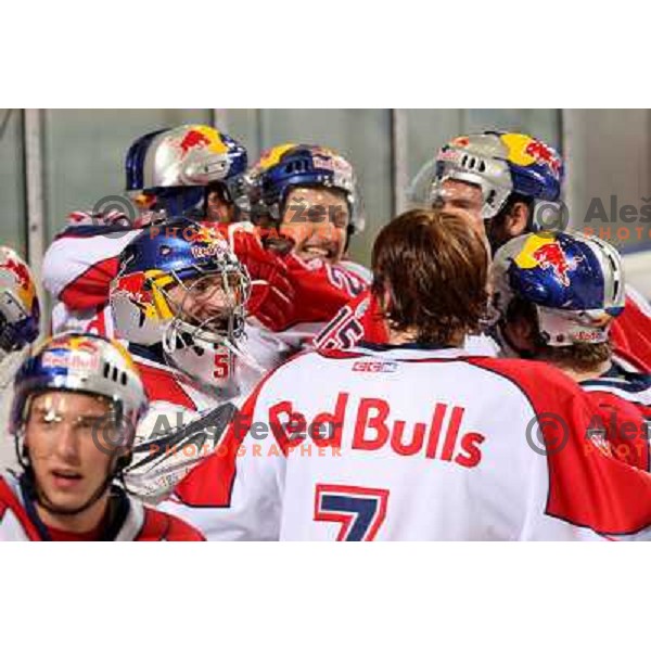 Red Bulls Salzburg players celebrate victory in sixth game of the Final of EBEL league between ZM Olimpija and Red Bulls Salzburg, played in Ljubljana 25.3.2008. Red Bulls Salzburg won the game 3:2 and series 4:2 and became Champions of EBEL league. Photo