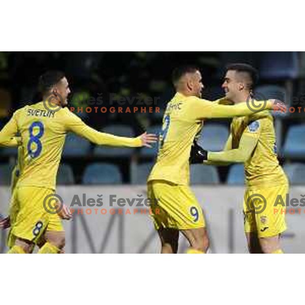 Tamar Svetlin, Dario Kolobaric and Arnel Jakupovic celebrate goal during Prva Liga Telekom Slovenije 2020-2021 football match between Domzale and Olimpija in Domzale, Slovenia on November 29, 2020