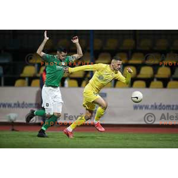 Miral Samardzic and Dario Kolobaric in action during Prva Liga Telekom Slovenije 2020-2021 football match between Domzale and Olimpija in Domzale, Slovenia on November 29, 2020
