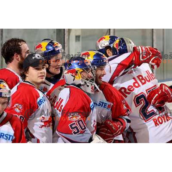 Red Bulls Salzburg players celebrate victory in sixth game of the Final of EBEL league between ZM Olimpija and Red Bulls Salzburg, played in Ljubljana 25.3.2008. Red Bulls Salzburg won the game 3:2 and series 4:2 and became Champions of EBEL league. Photo