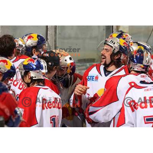 Red Bulls Salzburg players celebrate victory in sixth game of the Final of EBEL league between ZM Olimpija and Red Bulls Salzburg, played in Ljubljana 25.3.2008. Red Bulls Salzburg won the game 3:2 and series 4:2 and became Champions of EBEL league. Photo