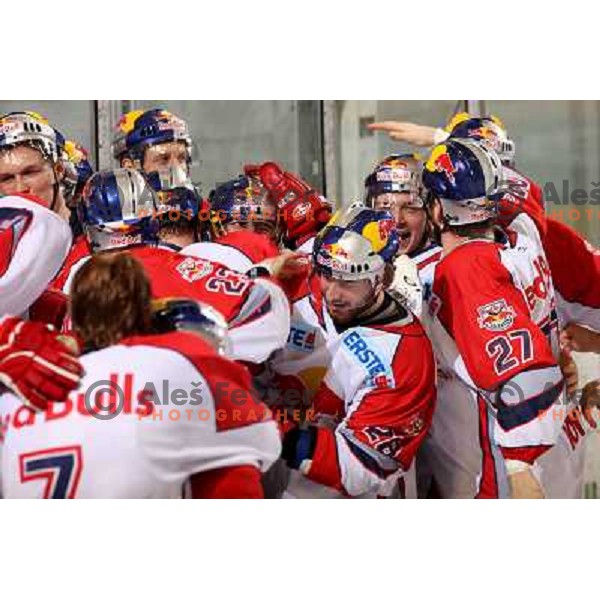 Red Bulls Salzburg players celebrate victory in sixth game of the Final of EBEL league between ZM Olimpija and Red Bulls Salzburg, played in Ljubljana 25.3.2008. Red Bulls Salzburg won the game 3:2 and series 4:2 and became Champions of EBEL league. Photo