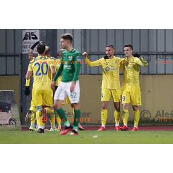Dario Kolobaric and Arnel Jakupovic celebrate goal during Prva Liga Telekom Slovenije 2020-2021 football match between Domzale and Olimpija in Domzale, Slovenia on November 29, 2020