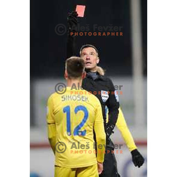 Referee Slavko Vincic shows red card to Gregor Sikosek during Prva Liga Telekom Slovenije 2020-2021 football match between Domzale and Olimpija in Domzale, Slovenia on November 29, 2020