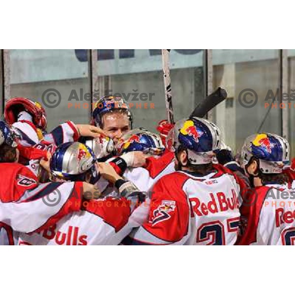 Red Bulls Salzburg players celebrate victory in sixth game of the Final of EBEL league between ZM Olimpija and Red Bulls Salzburg, played in Ljubljana 25.3.2008. Red Bulls Salzburg won the game 3:2 and series 4:2 and became Champions of EBEL league. Photo