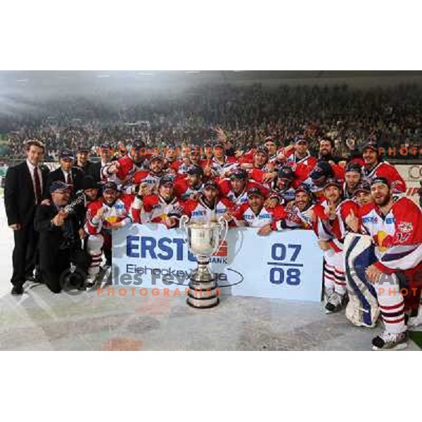 Red Bulls Salzburg players celebrate title after sixth game of the Final of EBEL league between ZM Olimpija and Red Bulls Salzburg, played in Ljubljana 25.3.2008. Red Bulls Salzburg won the game 3:2 and series 4:2 and became Champions of EBEL league. Phot