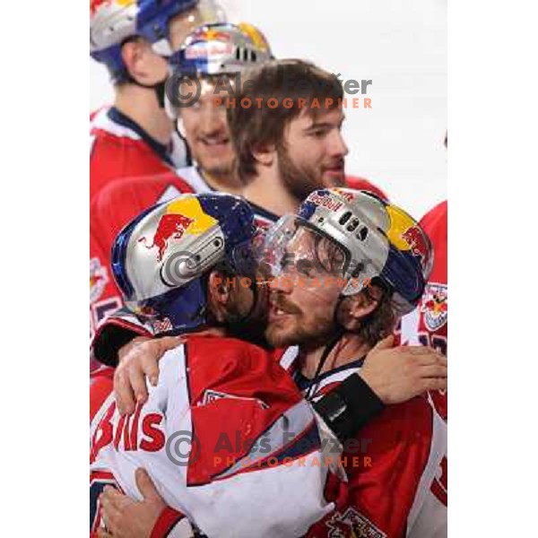 Red Bulls Salzburg players celebrate victory in sixth game of the Final of EBEL league between ZM Olimpija and Red Bulls Salzburg, played in Ljubljana 25.3.2008. Red Bulls Salzburg won the game 3:2 and series 4:2 and became Champions of EBEL league. Photo