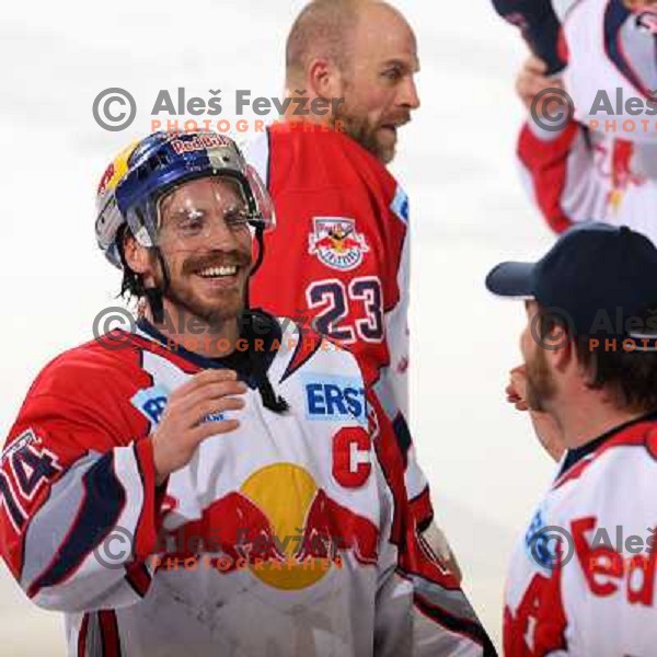 Red Bulls Salzburg players celebrate victory in sixth game of the Final of EBEL league between ZM Olimpija and Red Bulls Salzburg, played in Ljubljana 25.3.2008. Red Bulls Salzburg won the game 3:2 and series 4:2 and became Champions of EBEL league. Photo