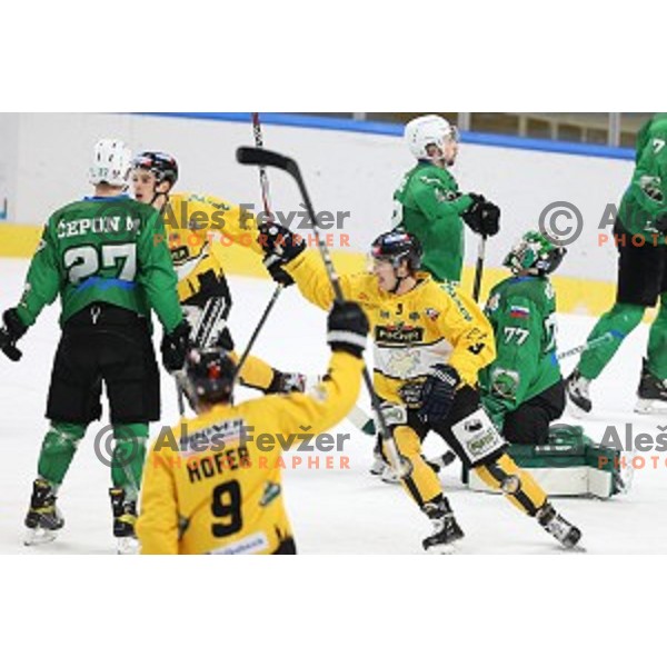 Lukas De Lorenzo Meo celebrates winning goal during Alps League ice-hockey match between SZ Olimpija and Pustertal in Ljubljana, Slovenia on December 1, 2020