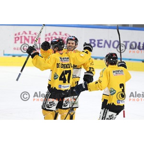 Lukas De Lorenzo Meo celebrates winning goal during Alps League ice-hockey match between SZ Olimpija and Pustertal in Ljubljana, Slovenia on December 1, 2020