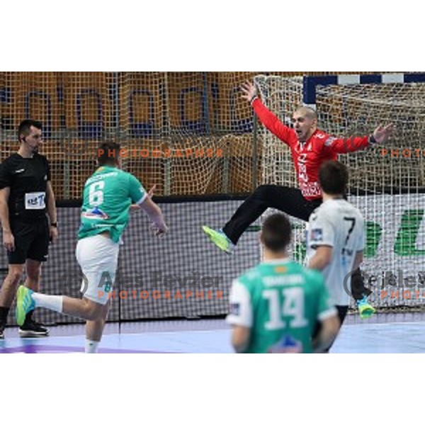Aleksander Tomic in action during EHF European League Men 2020/21 handball match between Trimo Trebnje and Eurofarm Pelister in Ljubljana, Slovenia on December 1, 2020